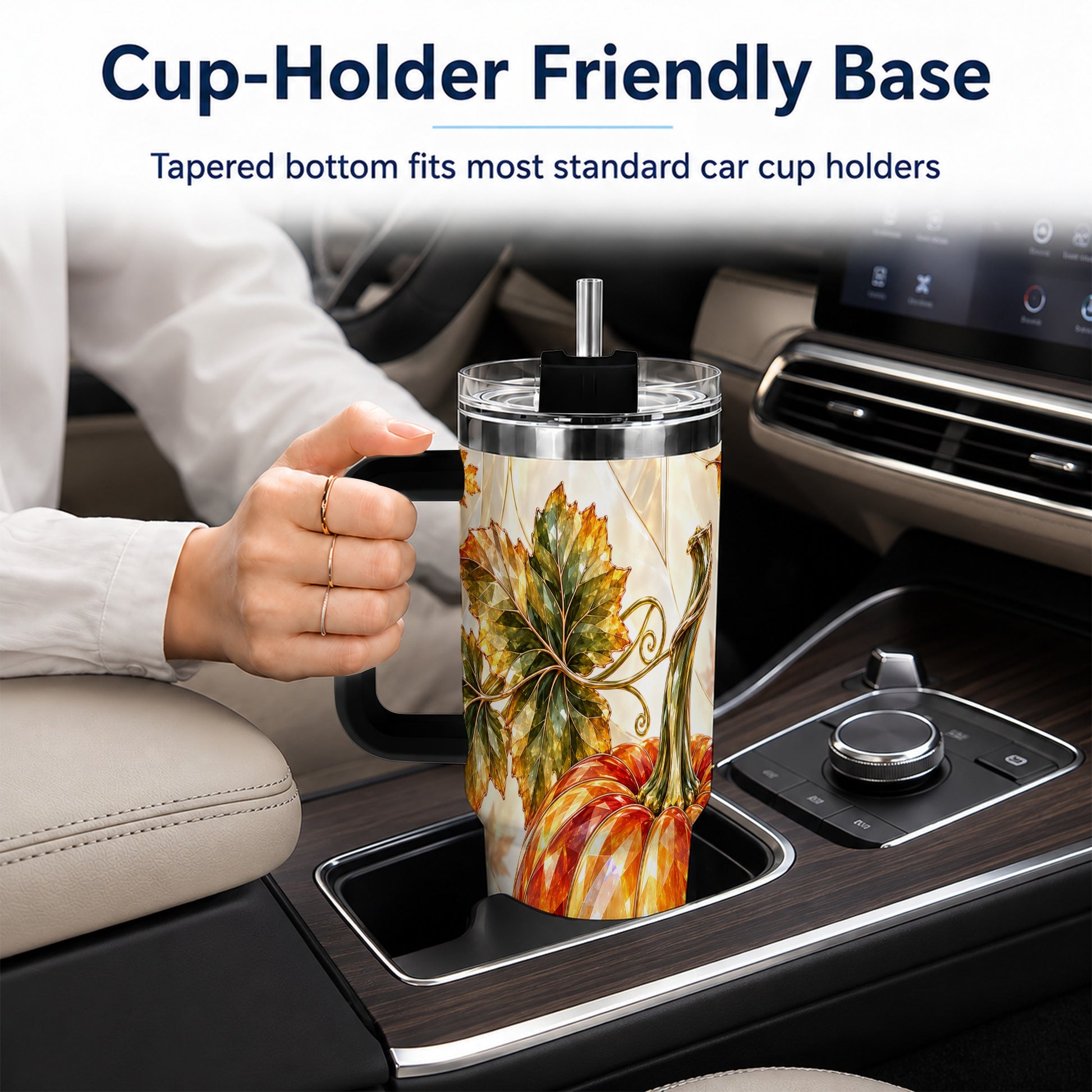 #pl[40oz|Black] Stained Glass Pumpkin 40oz Tumbler with Handle, Stainless Steel Travel Cup