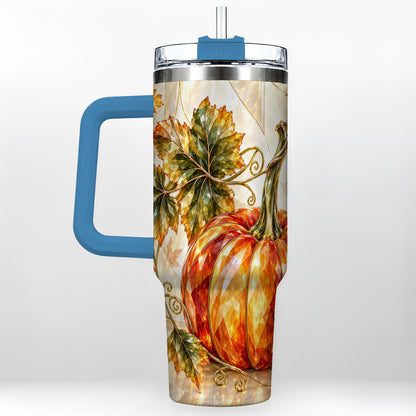 #pl[40oz|Blue] Stained Glass Pumpkin 40oz Tumbler with Handle, Stainless Steel Travel Cup
