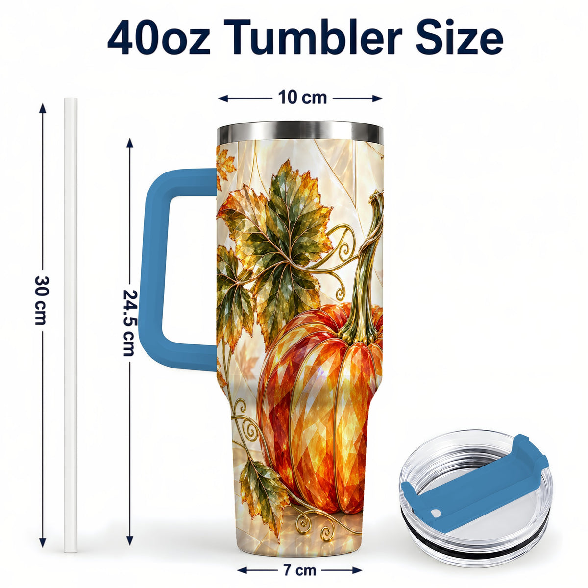 #pl[40oz|Blue] Stained Glass Pumpkin 40oz Tumbler with Handle, Stainless Steel Travel Cup