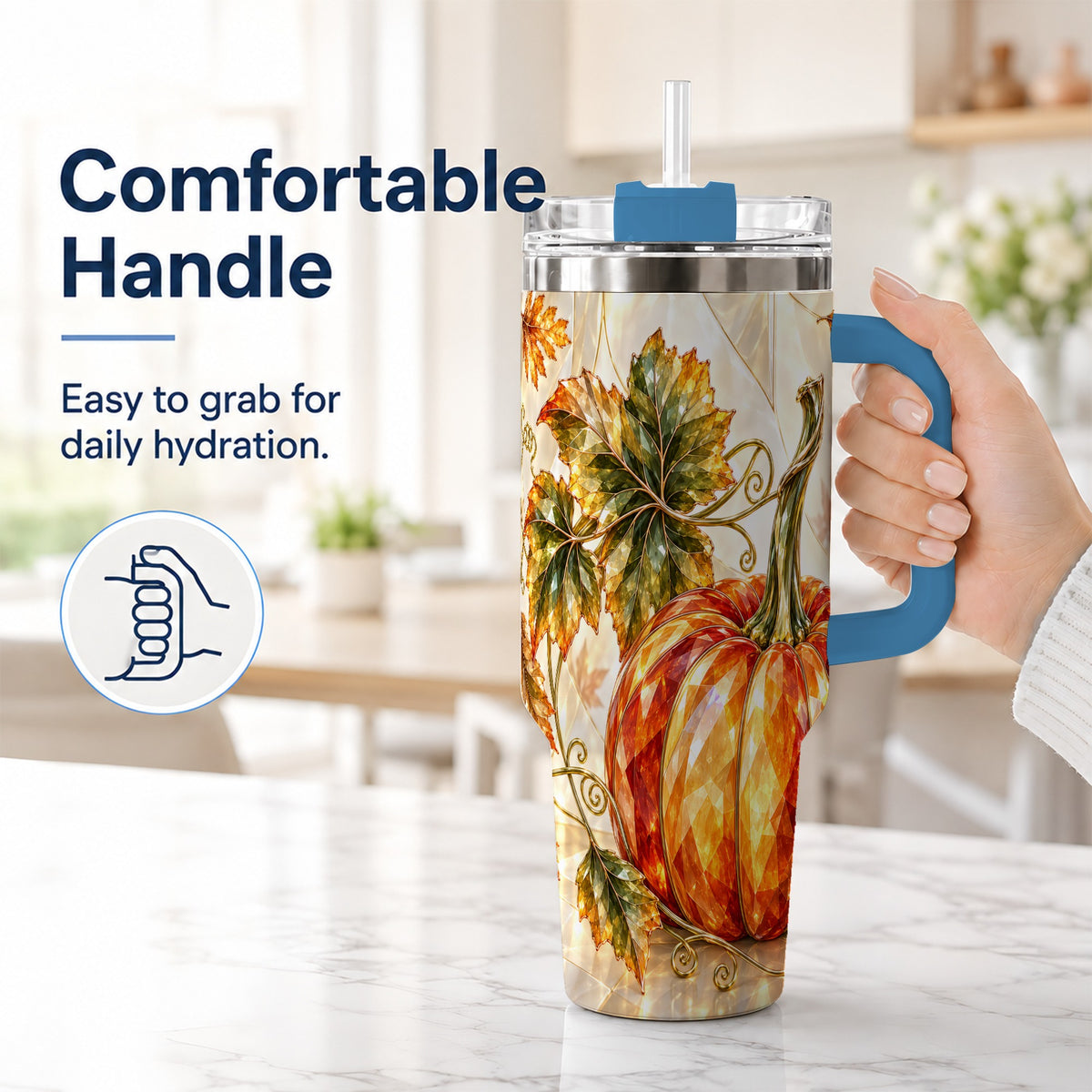 #pl[40oz|Blue] Stained Glass Pumpkin 40oz Tumbler with Handle, Stainless Steel Travel Cup