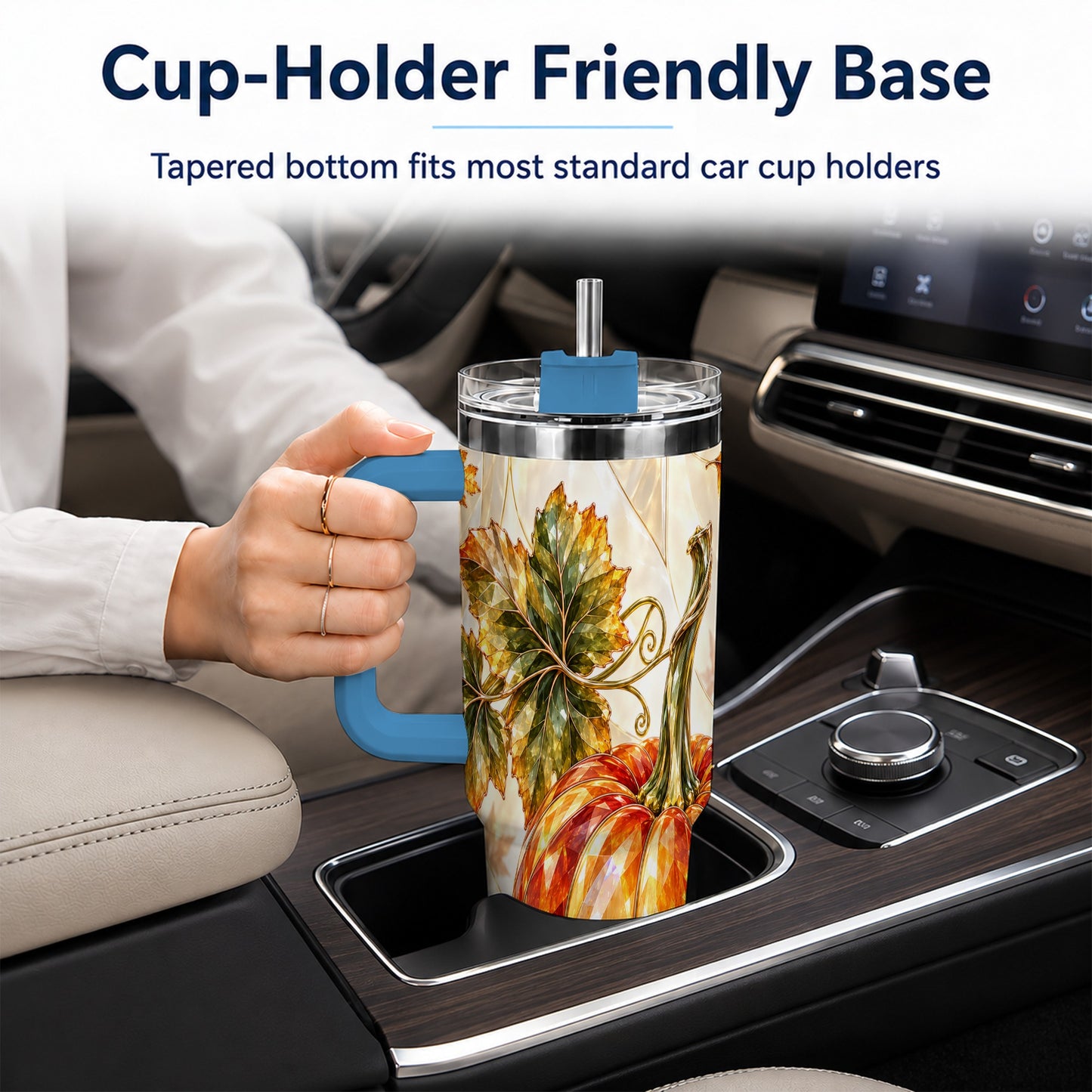 #pl[40oz|Blue] Stained Glass Pumpkin 40oz Tumbler with Handle, Stainless Steel Travel Cup