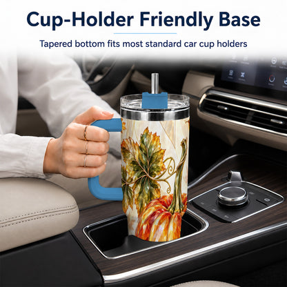 #pl[40oz|Blue] Stained Glass Pumpkin 40oz Tumbler with Handle, Stainless Steel Travel Cup