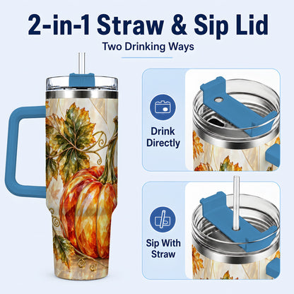 #pl[40oz|Blue] Stained Glass Pumpkin 40oz Tumbler with Handle, Stainless Steel Travel Cup