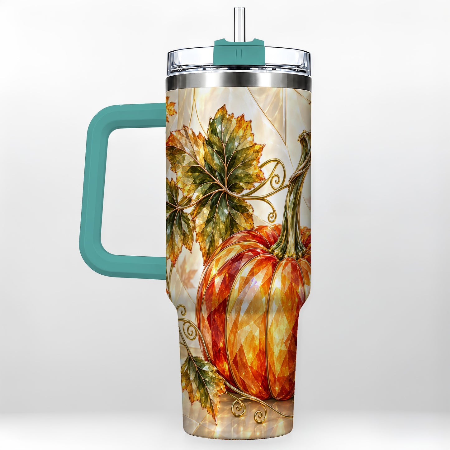 #pl[40oz|Green] Stained Glass Pumpkin 40oz Tumbler with Handle, Stainless Steel Travel Cup