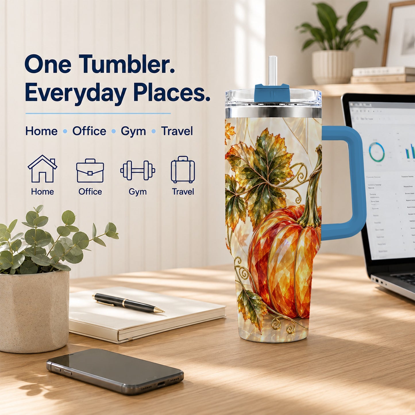 #pl[40oz|Blue] Stained Glass Pumpkin 40oz Tumbler with Handle, Stainless Steel Travel Cup