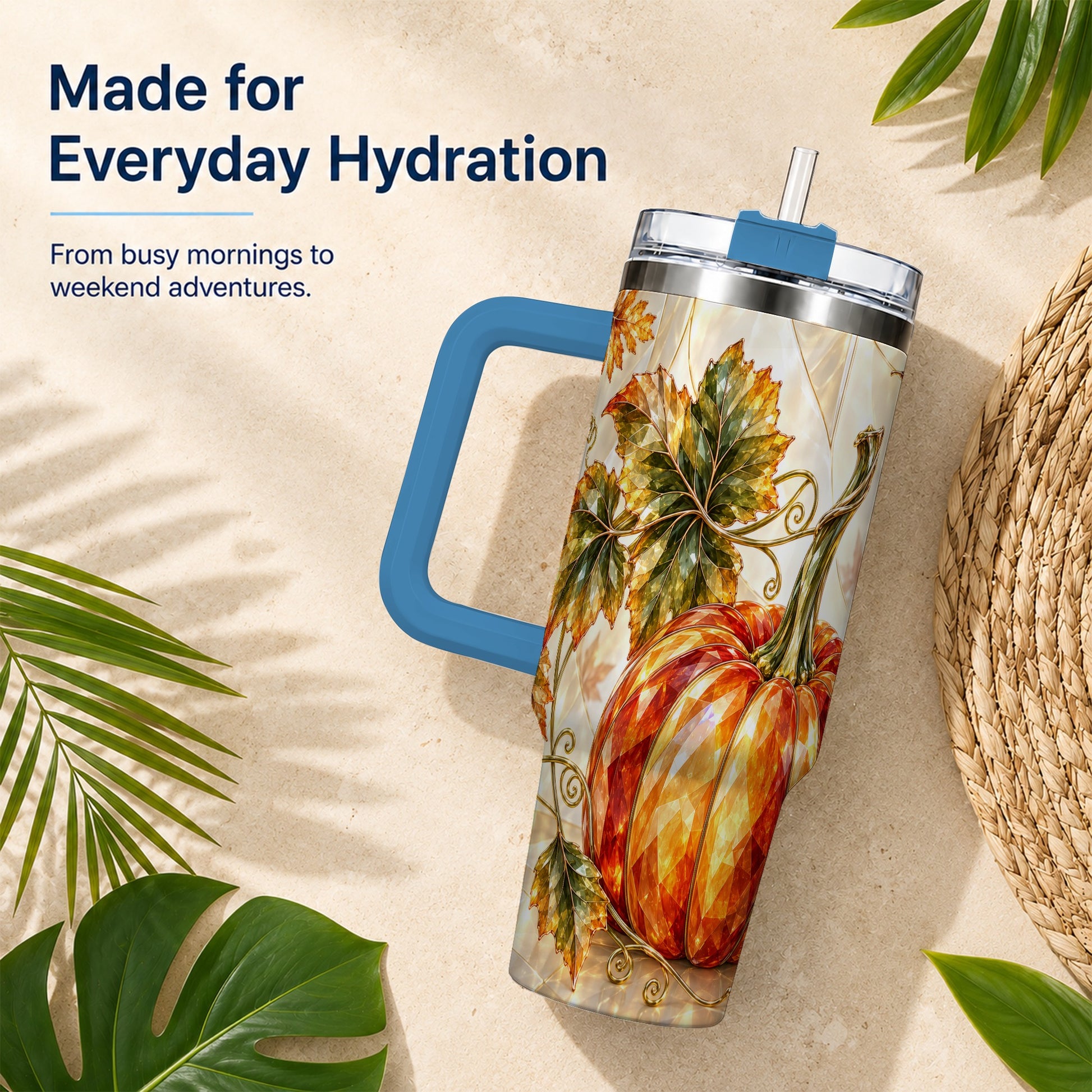 #pl[40oz|Blue] Stained Glass Pumpkin 40oz Tumbler with Handle, Stainless Steel Travel Cup