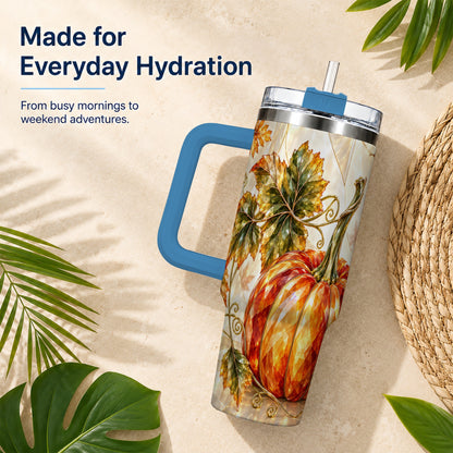 #pl[40oz|Blue] Stained Glass Pumpkin 40oz Tumbler with Handle, Stainless Steel Travel Cup