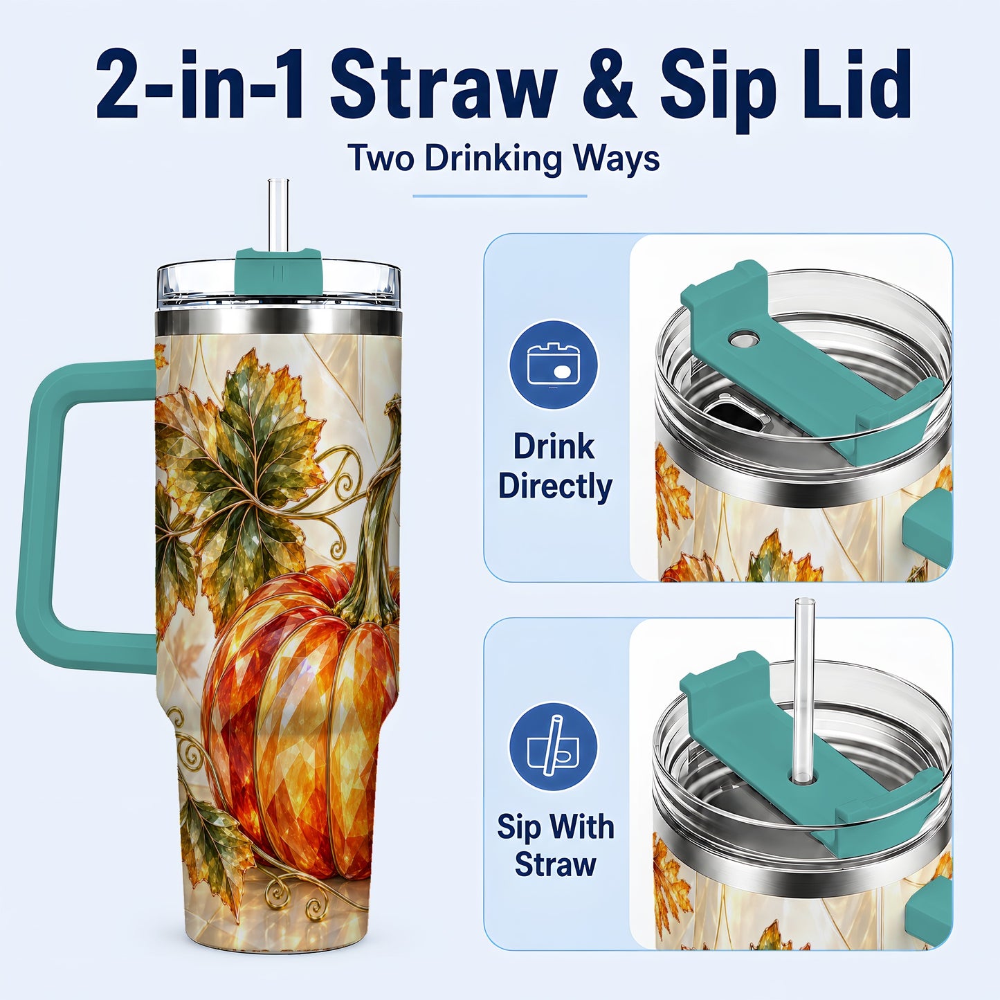 #pl[40oz|Green] Stained Glass Pumpkin 40oz Tumbler with Handle, Stainless Steel Travel Cup
