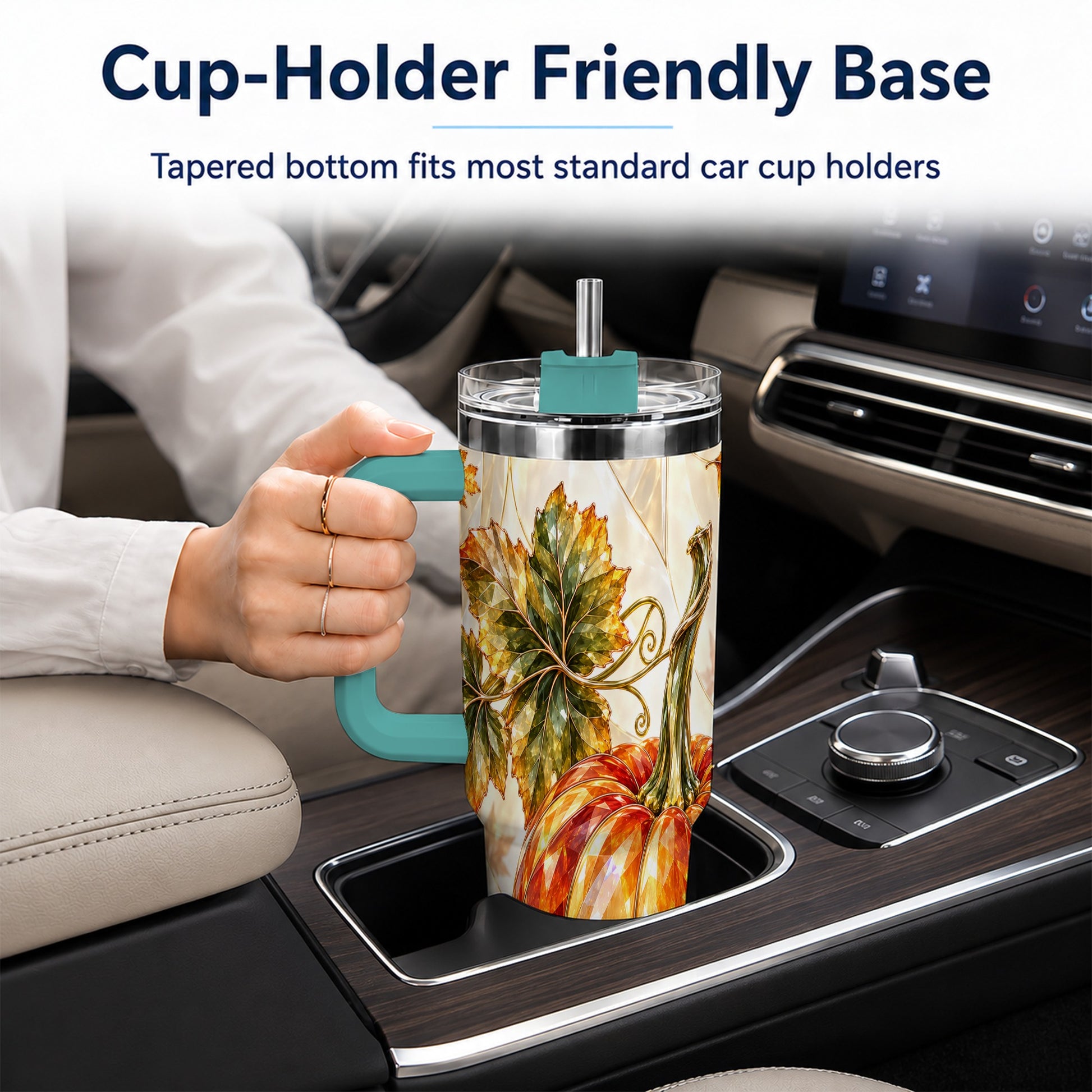 #pl[40oz|Green] Stained Glass Pumpkin 40oz Tumbler with Handle, Stainless Steel Travel Cup
