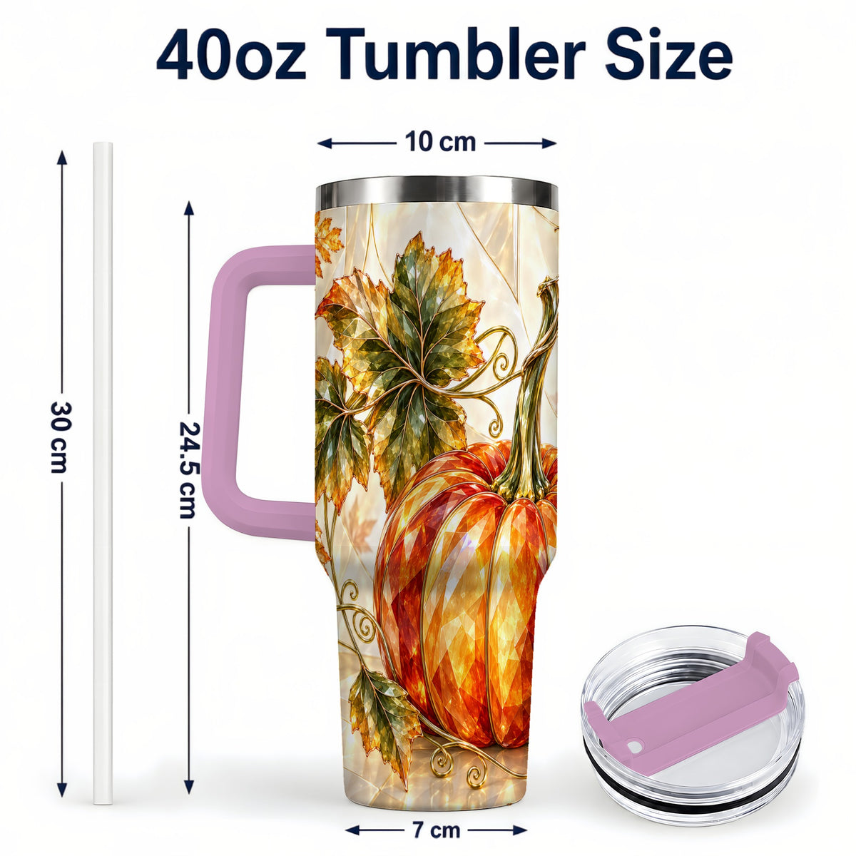 #pl[40oz|Pink] Stained Glass Pumpkin 40oz Tumbler with Handle, Stainless Steel Travel Cup