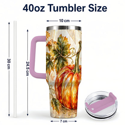 #pl[40oz|Pink] Stained Glass Pumpkin 40oz Tumbler with Handle, Stainless Steel Travel Cup