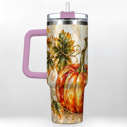 #pl[40oz|Pink] Stained Glass Pumpkin 40oz Tumbler with Handle, Stainless Steel Travel Cup