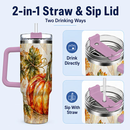 #pl[40oz|Pink] Stained Glass Pumpkin 40oz Tumbler with Handle, Stainless Steel Travel Cup