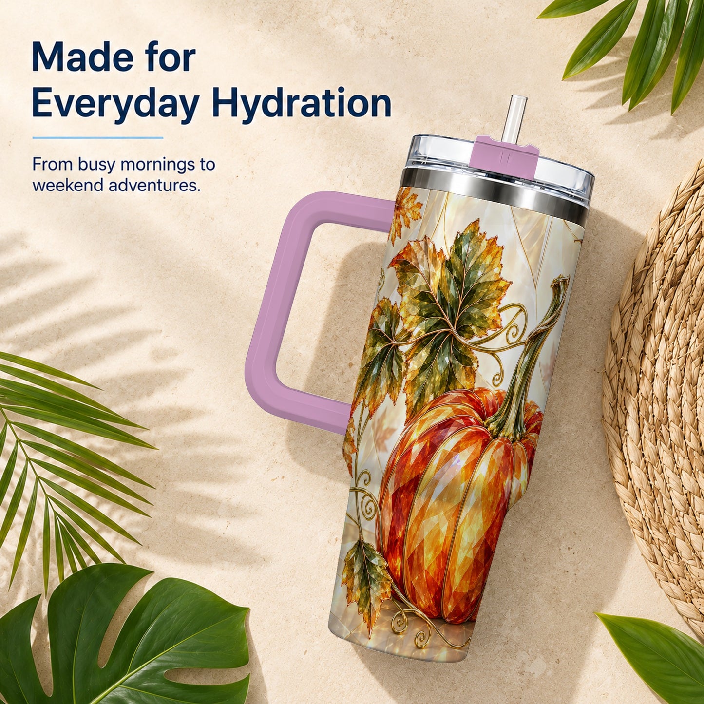 #pl[40oz|Pink] Stained Glass Pumpkin 40oz Tumbler with Handle, Stainless Steel Travel Cup