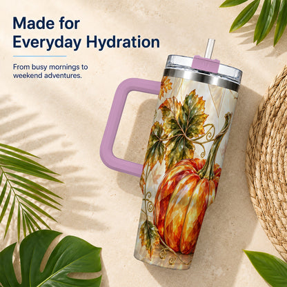 #pl[40oz|Pink] Stained Glass Pumpkin 40oz Tumbler with Handle, Stainless Steel Travel Cup