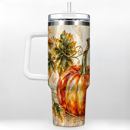 Stained Glass Pumpkin 40oz Tumbler with Handle, Stainless Steel Travel Cup