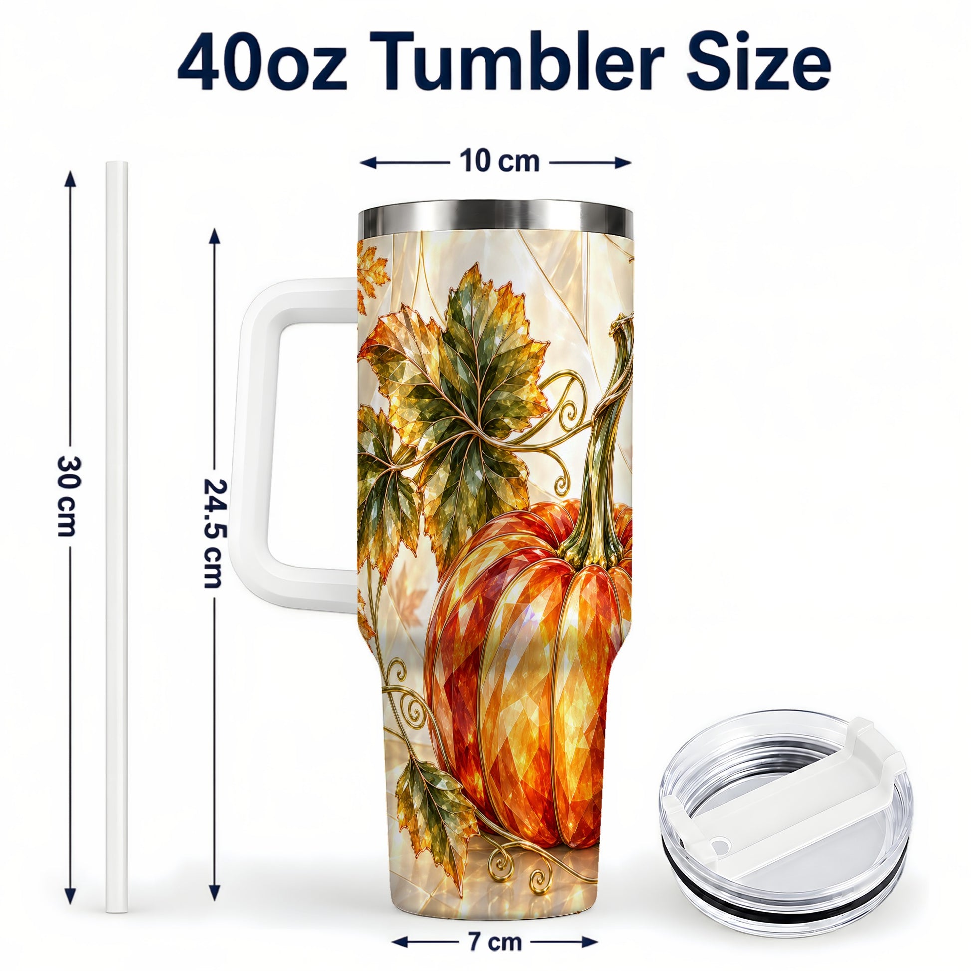 #pl[40oz|White] Stained Glass Pumpkin 40oz Tumbler with Handle, Stainless Steel Travel Cup