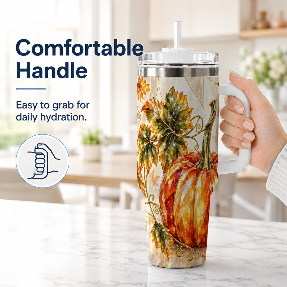 #pl[40oz|White] Stained Glass Pumpkin 40oz Tumbler with Handle, Stainless Steel Travel Cup