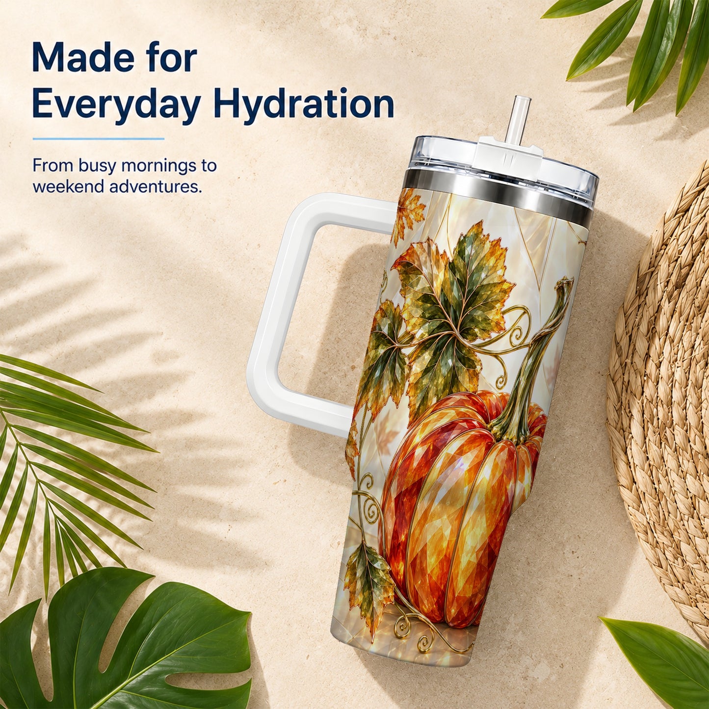 #pl[40oz|White] Stained Glass Pumpkin 40oz Tumbler with Handle, Stainless Steel Travel Cup