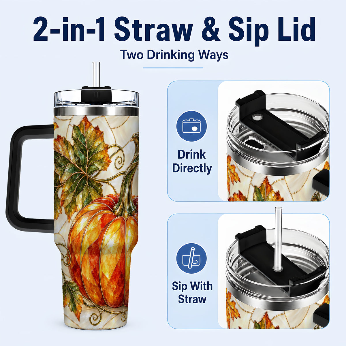 #pl[40oz|Black] Autumn Pumpkin 40oz Tumbler with Handle, Harvest Stainless Steel Cup