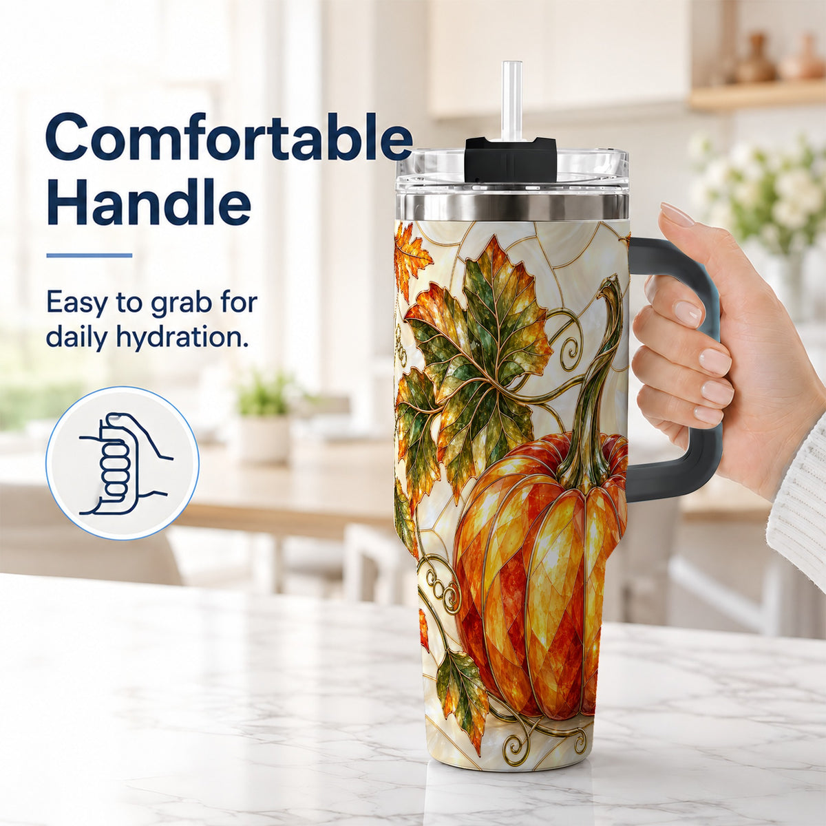 #pl[40oz|Black] Autumn Pumpkin 40oz Tumbler with Handle, Harvest Stainless Steel Cup