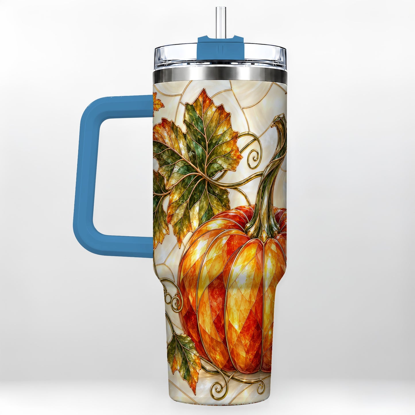 #pl[40oz|Blue] Autumn Pumpkin 40oz Tumbler with Handle, Harvest Stainless Steel Cup