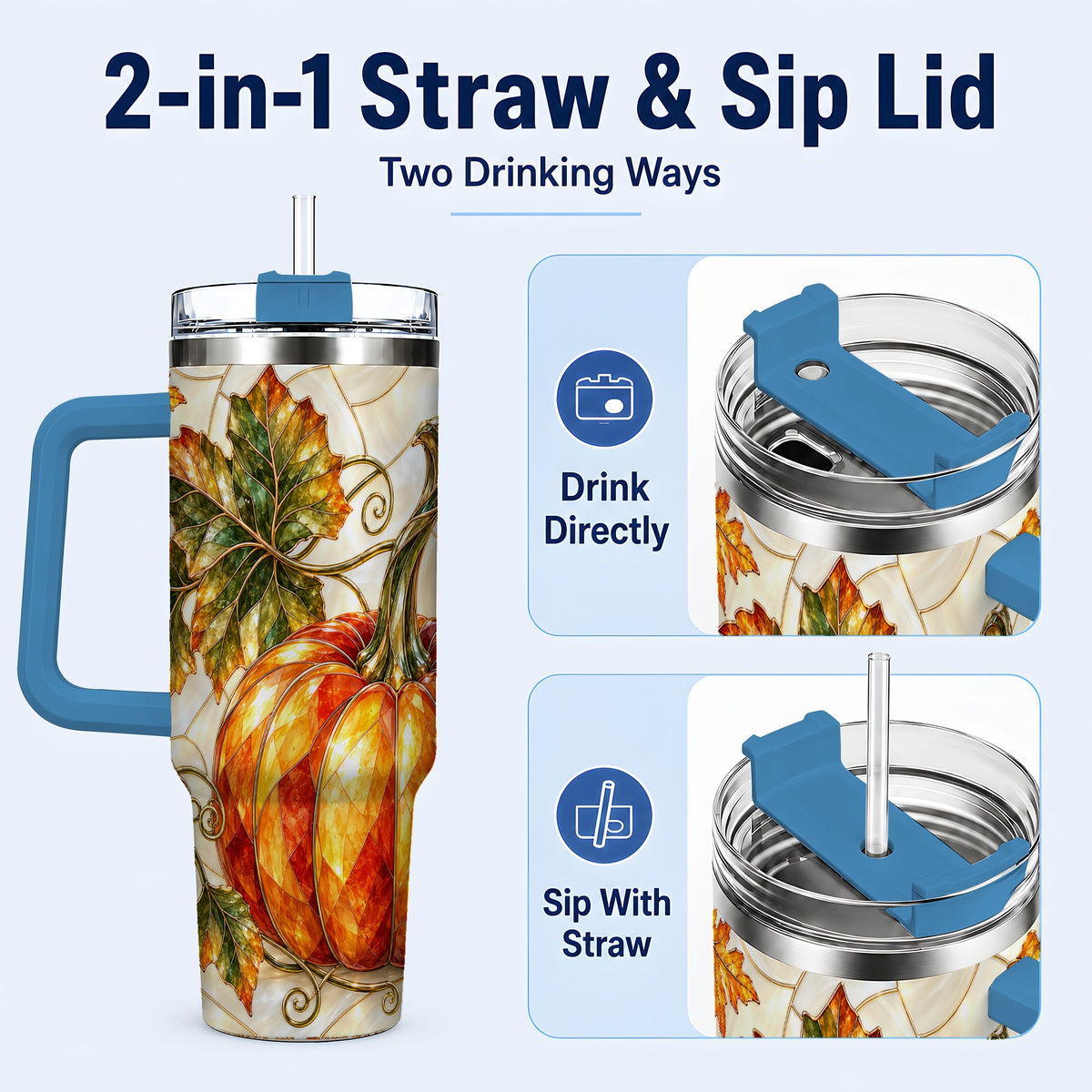#pl[40oz|Blue] Autumn Pumpkin 40oz Tumbler with Handle, Harvest Stainless Steel Cup