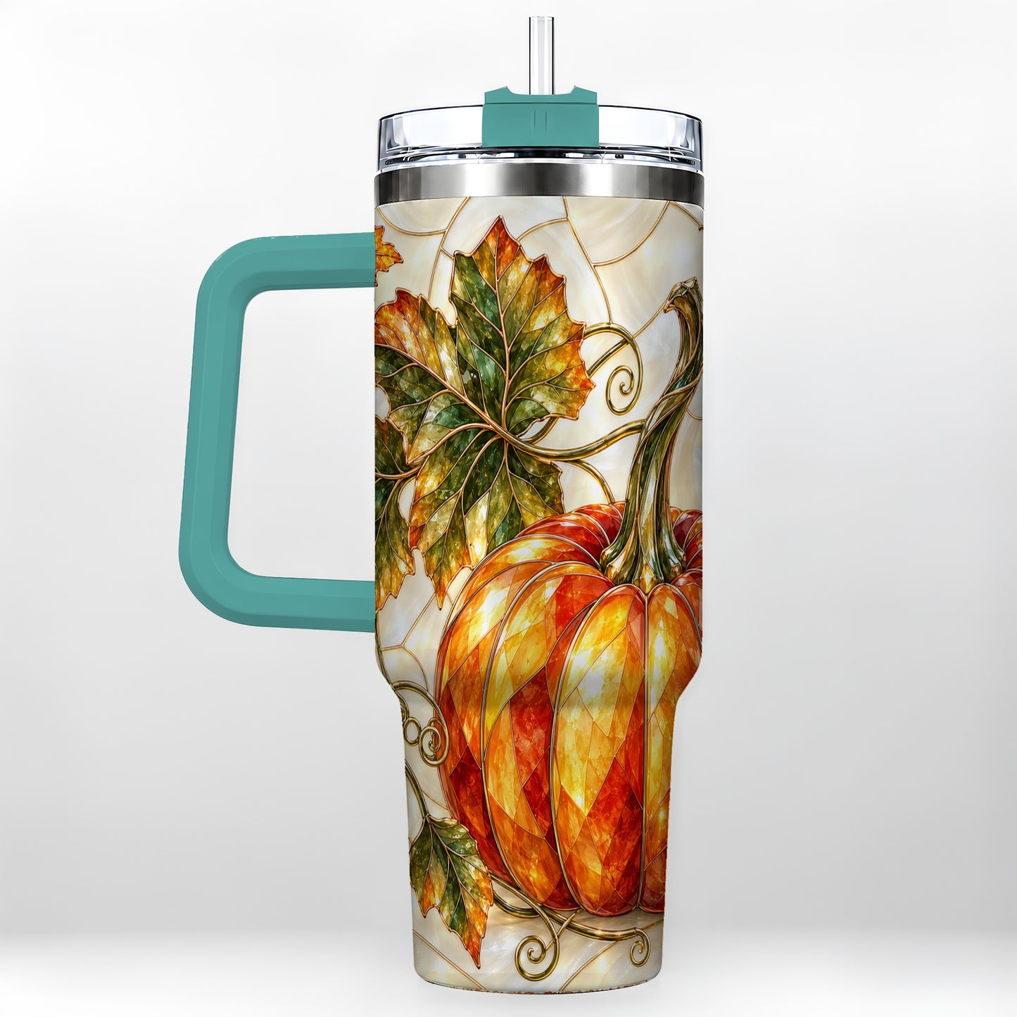 #pl[40oz|Green] Autumn Pumpkin 40oz Tumbler with Handle, Harvest Stainless Steel Cup