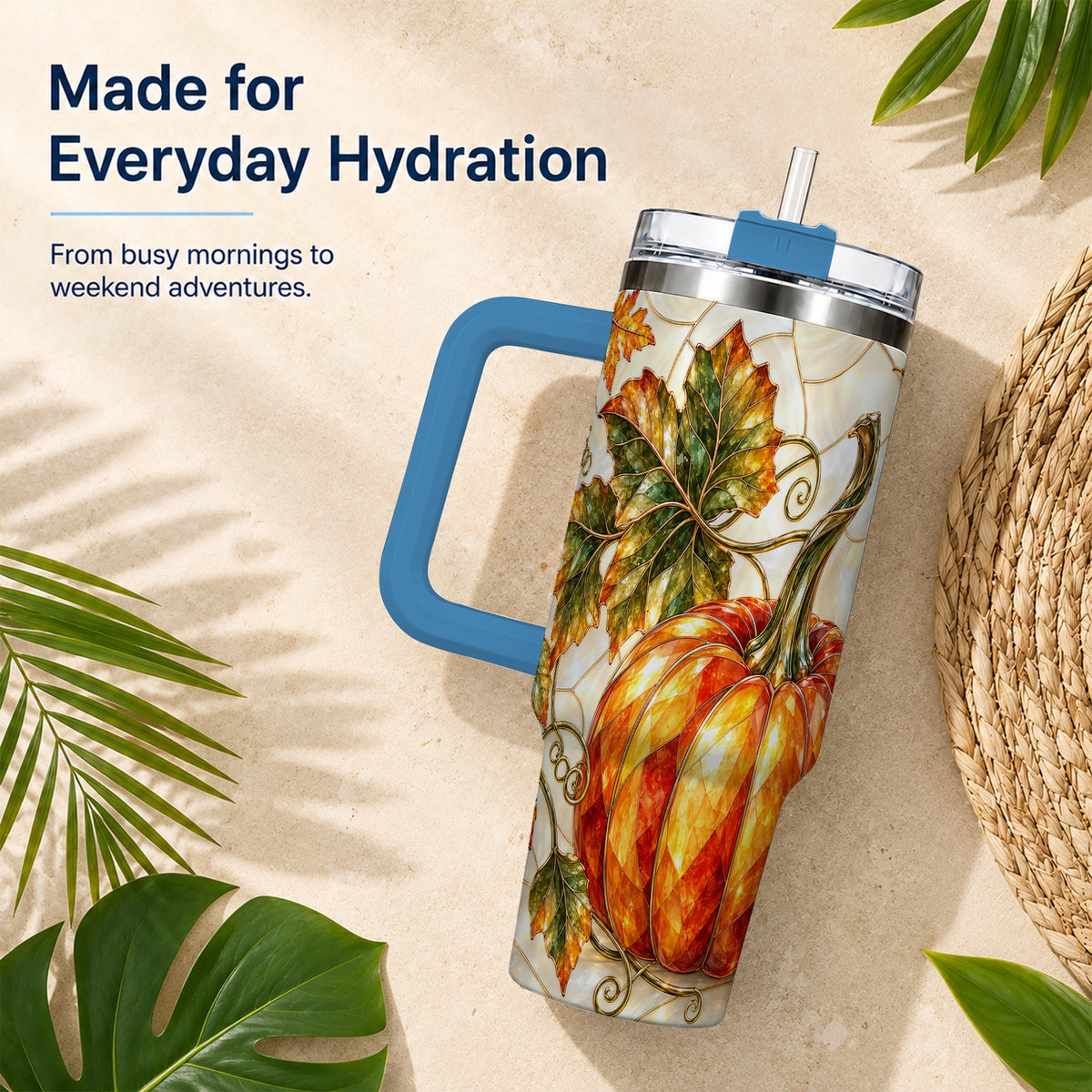 #pl[40oz|Blue] Autumn Pumpkin 40oz Tumbler with Handle, Harvest Stainless Steel Cup