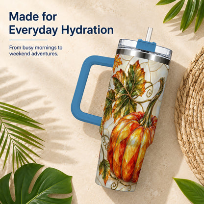 #pl[40oz|Blue] Autumn Pumpkin 40oz Tumbler with Handle, Harvest Stainless Steel Cup