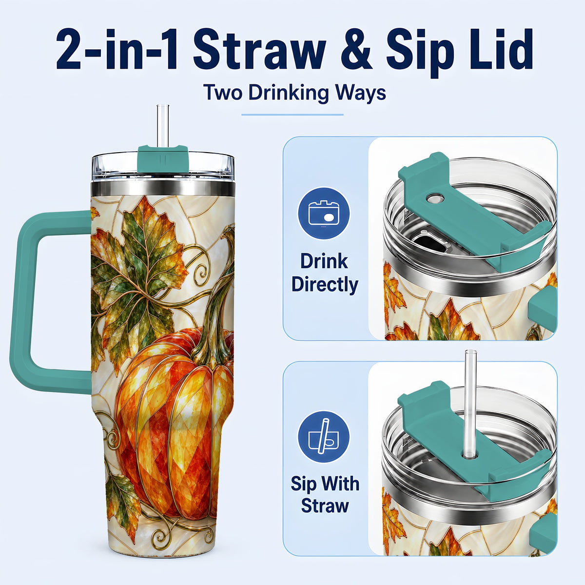 #pl[40oz|Green] Autumn Pumpkin 40oz Tumbler with Handle, Harvest Stainless Steel Cup