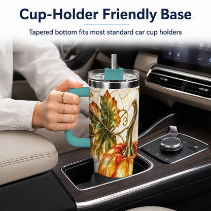 #pl[40oz|Green] Autumn Pumpkin 40oz Tumbler with Handle, Harvest Stainless Steel Cup