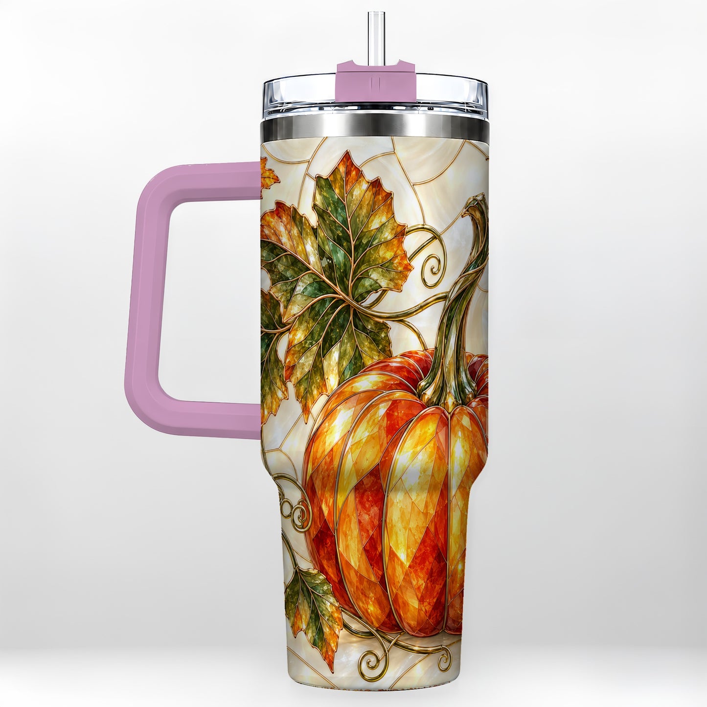 #pl[40oz|Pink] Autumn Pumpkin 40oz Tumbler with Handle, Harvest Stainless Steel Cup