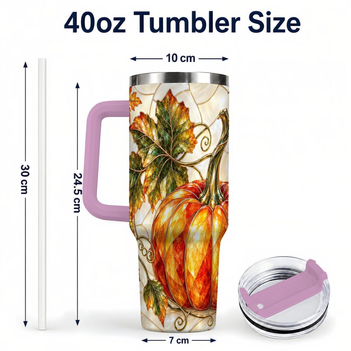 #pl[40oz|Pink] Autumn Pumpkin 40oz Tumbler with Handle, Harvest Stainless Steel Cup