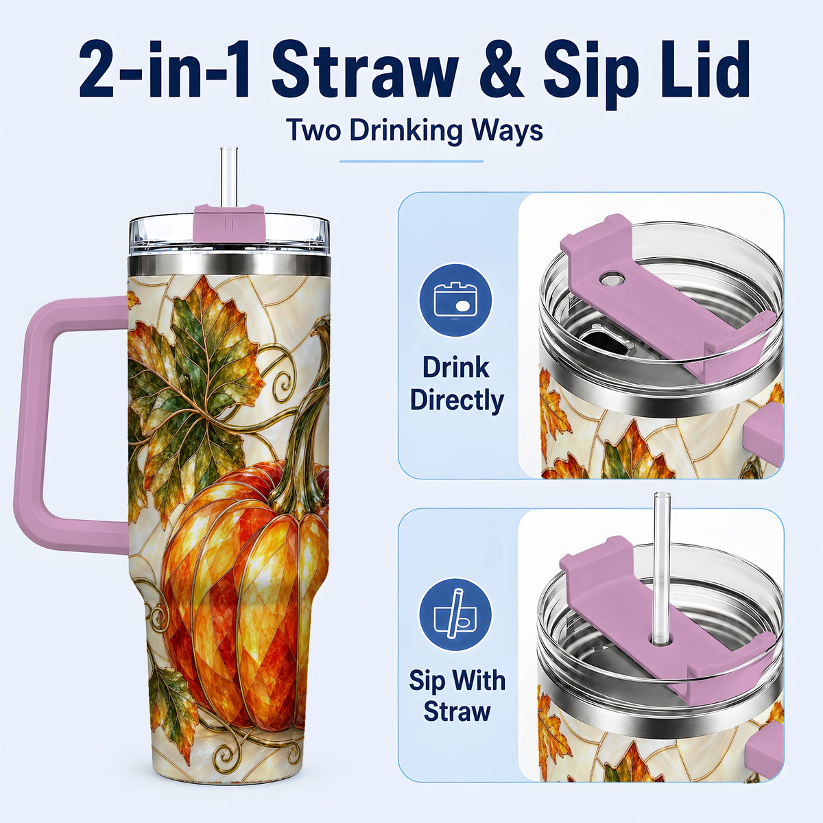 #pl[40oz|Pink] Autumn Pumpkin 40oz Tumbler with Handle, Harvest Stainless Steel Cup