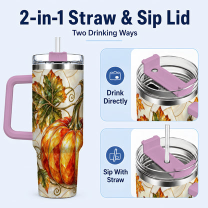 #pl[40oz|Pink] Autumn Pumpkin 40oz Tumbler with Handle, Harvest Stainless Steel Cup