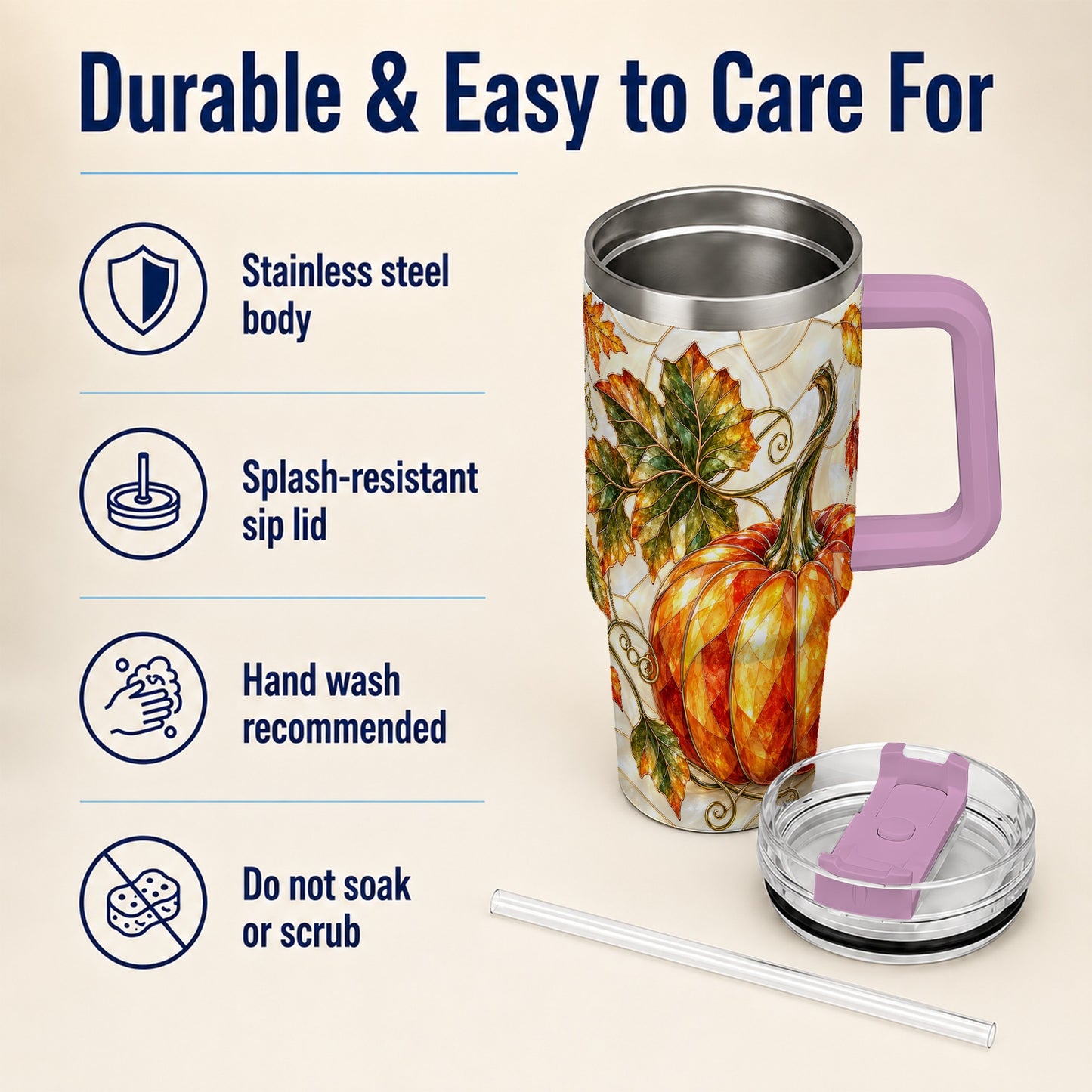 #pl[40oz|Pink] Autumn Pumpkin 40oz Tumbler with Handle, Harvest Stainless Steel Cup