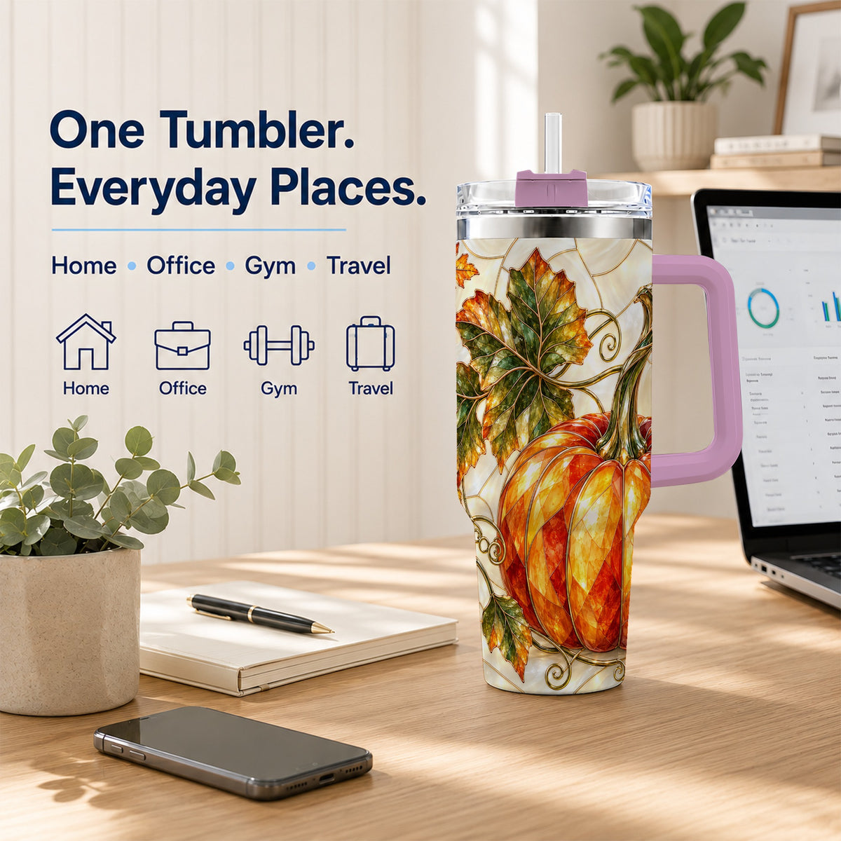 #pl[40oz|Pink] Autumn Pumpkin 40oz Tumbler with Handle, Harvest Stainless Steel Cup