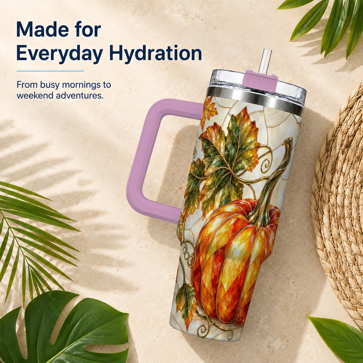 #pl[40oz|Pink] Autumn Pumpkin 40oz Tumbler with Handle, Harvest Stainless Steel Cup