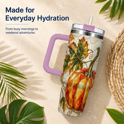 #pl[40oz|Pink] Autumn Pumpkin 40oz Tumbler with Handle, Harvest Stainless Steel Cup