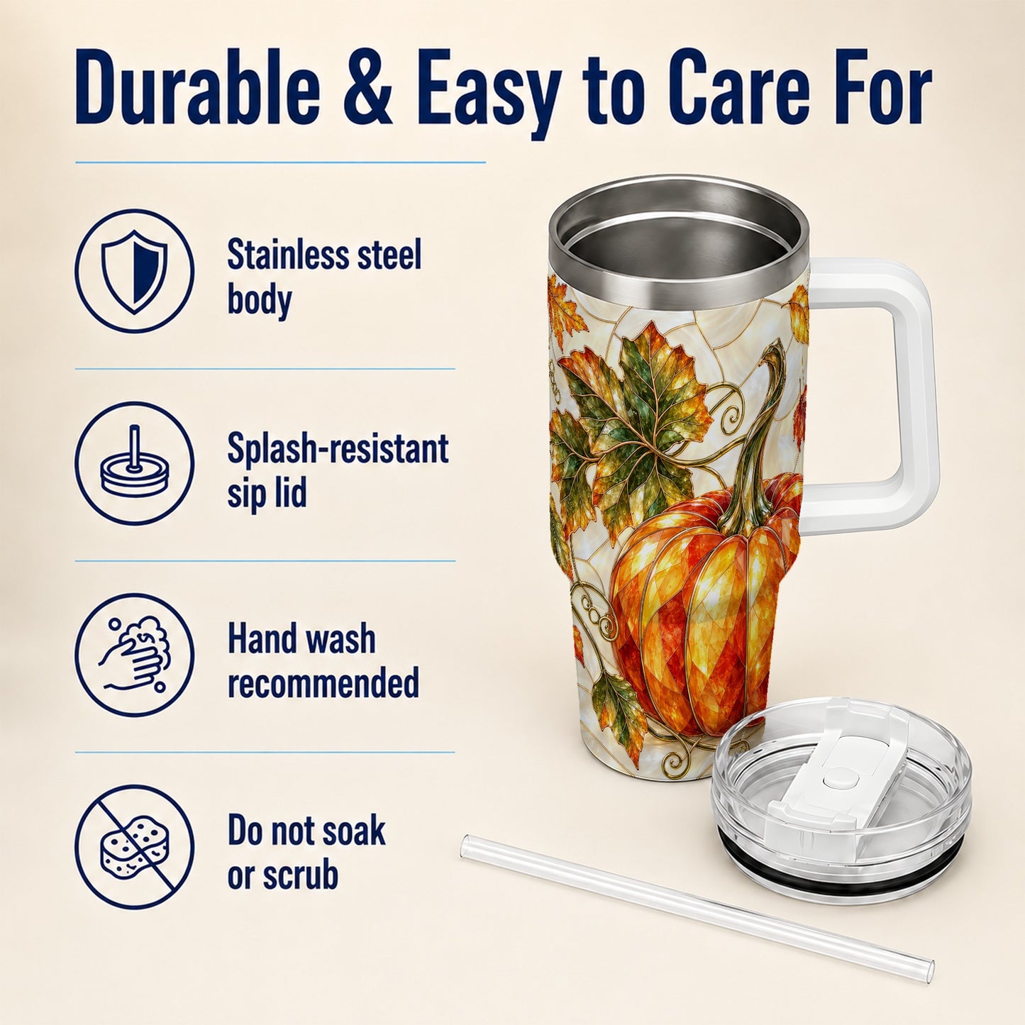 #pl[40oz|White] Autumn Pumpkin 40oz Tumbler with Handle, Harvest Stainless Steel Cup