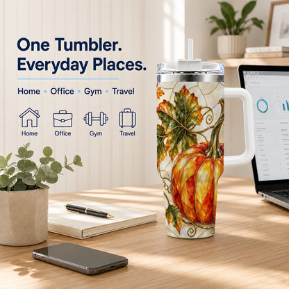 #pl[40oz|White] Autumn Pumpkin 40oz Tumbler with Handle, Harvest Stainless Steel Cup