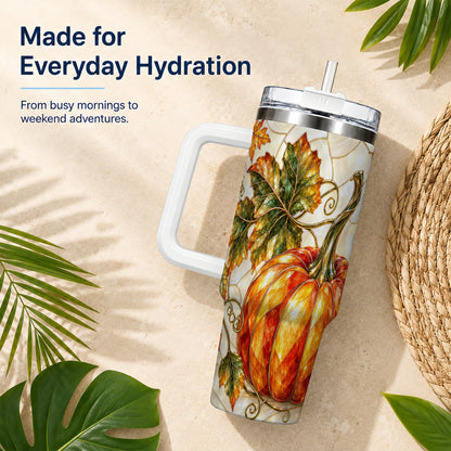 #pl[40oz|White] Autumn Pumpkin 40oz Tumbler with Handle, Harvest Stainless Steel Cup