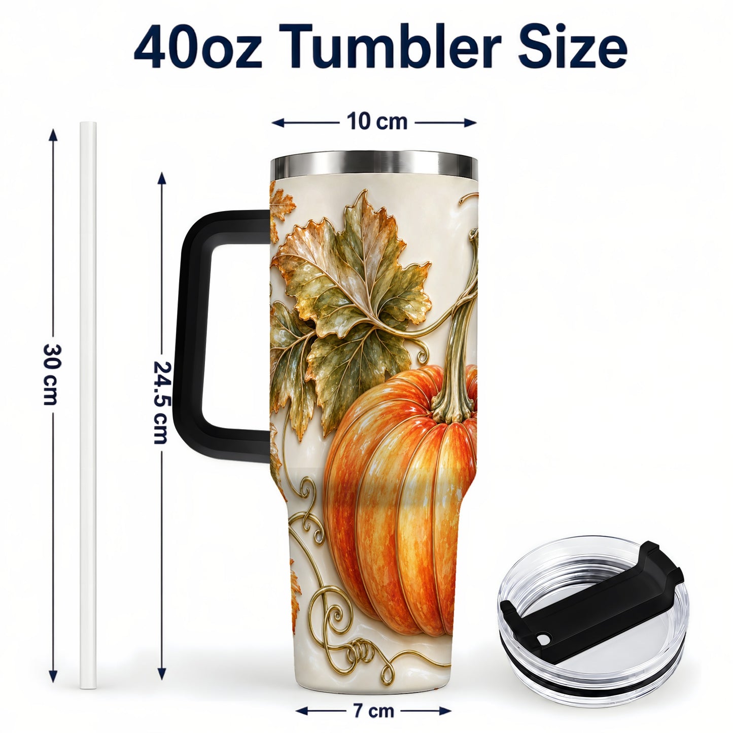#pl[40oz|Black] Glossy Pumpkin 40oz Tumbler with Handle, Harvest Stainless Steel Cup