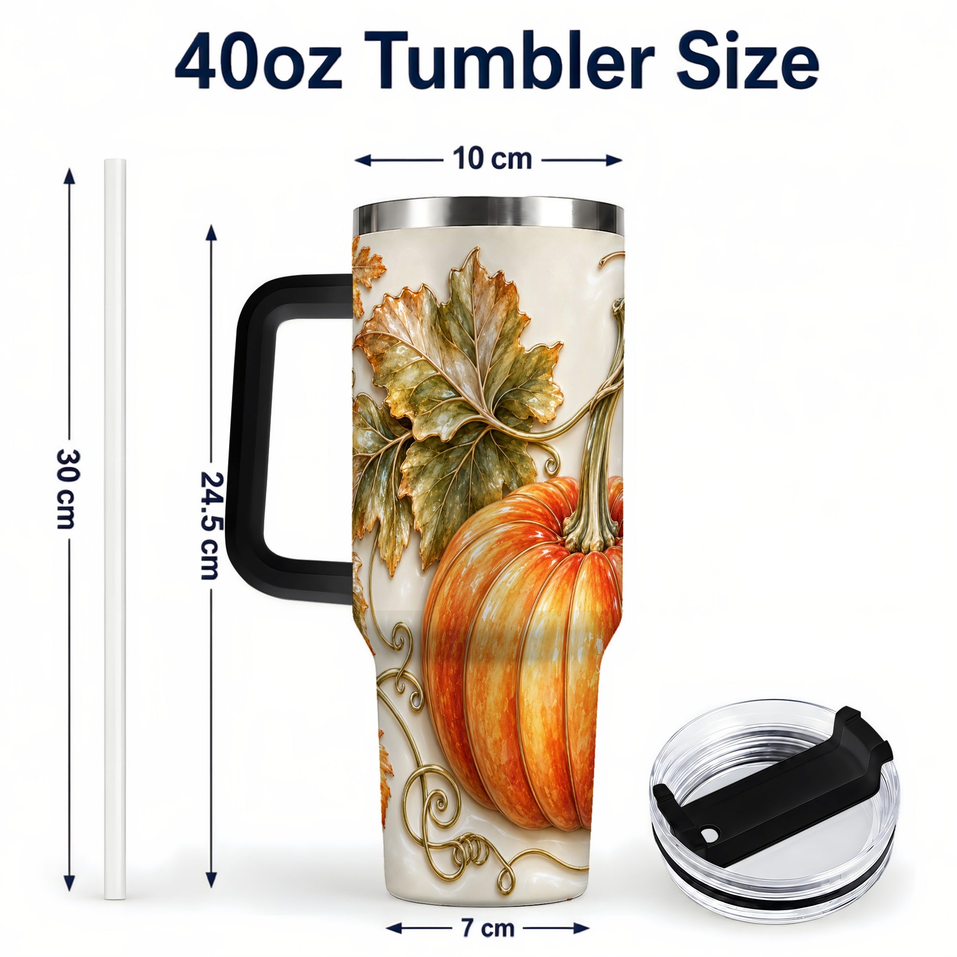 #pl[40oz|Black] Glossy Pumpkin 40oz Tumbler with Handle, Harvest Stainless Steel Cup