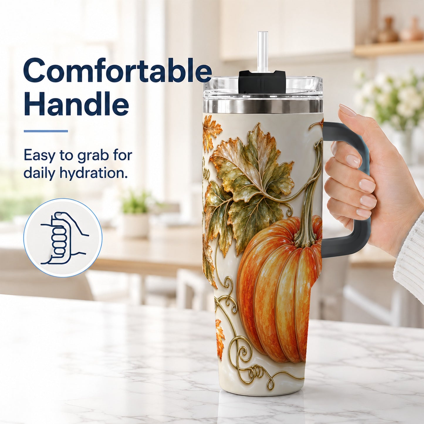 #pl[40oz|Black] Glossy Pumpkin 40oz Tumbler with Handle, Harvest Stainless Steel Cup