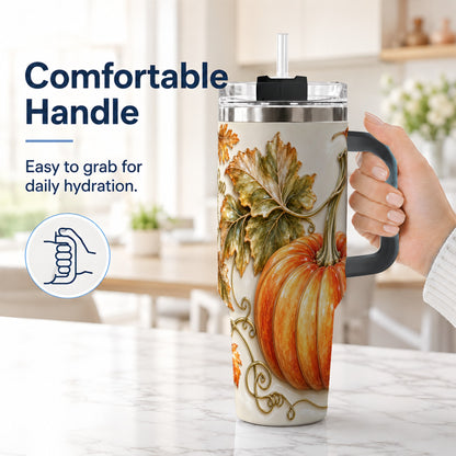 #pl[40oz|Black] Glossy Pumpkin 40oz Tumbler with Handle, Harvest Stainless Steel Cup