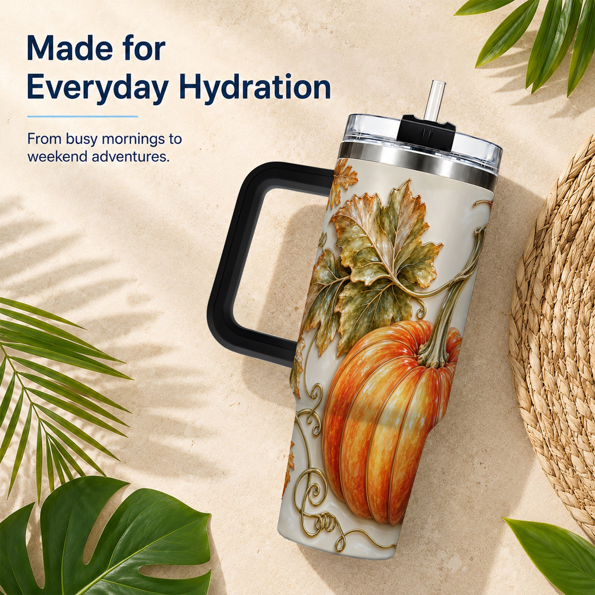 #pl[40oz|Black] Glossy Pumpkin 40oz Tumbler with Handle, Harvest Stainless Steel Cup
