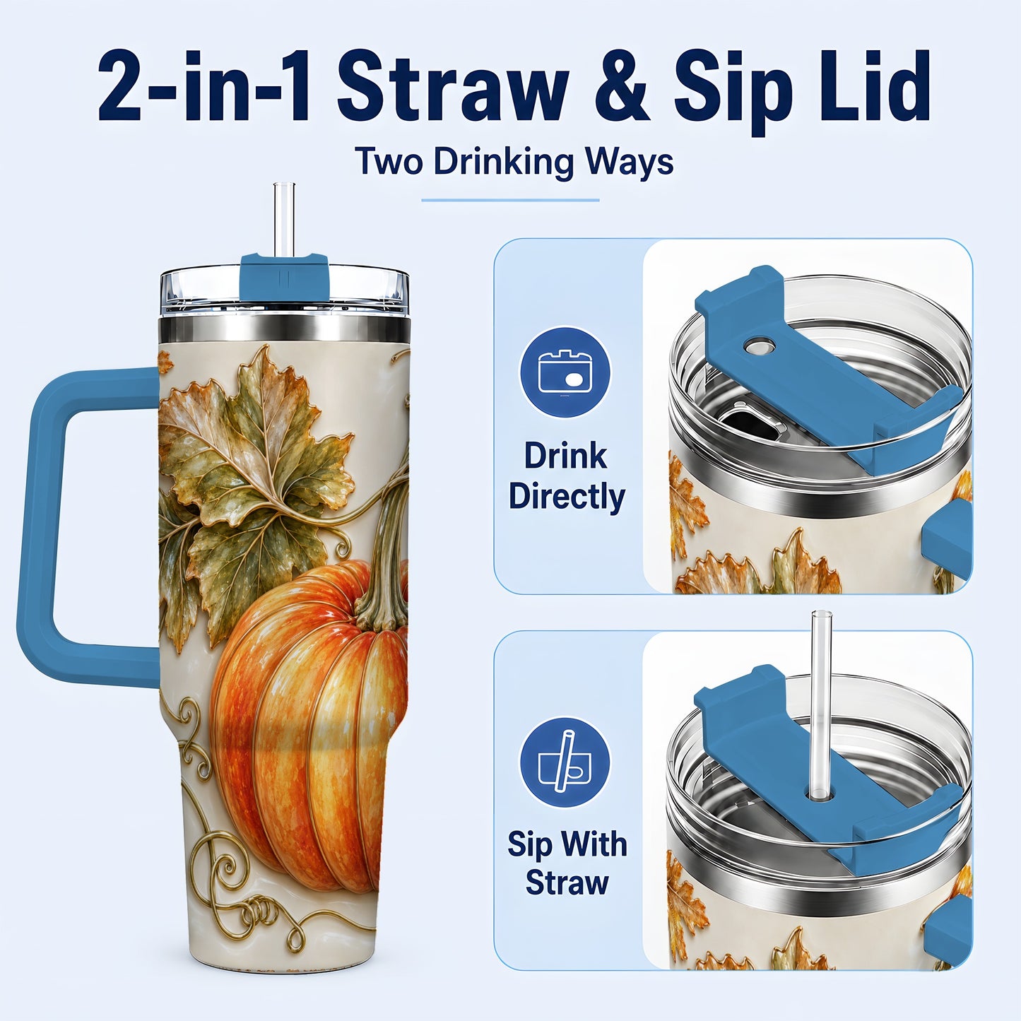 #pl[40oz|Blue] Glossy Pumpkin 40oz Tumbler with Handle, Harvest Stainless Steel Cup