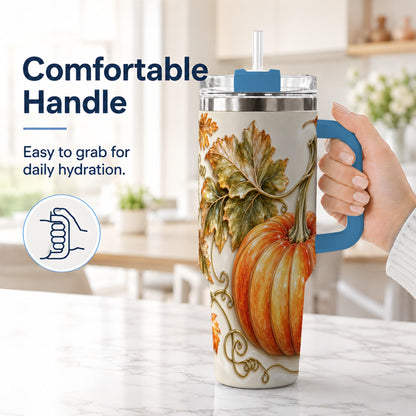 #pl[40oz|Blue] Glossy Pumpkin 40oz Tumbler with Handle, Harvest Stainless Steel Cup